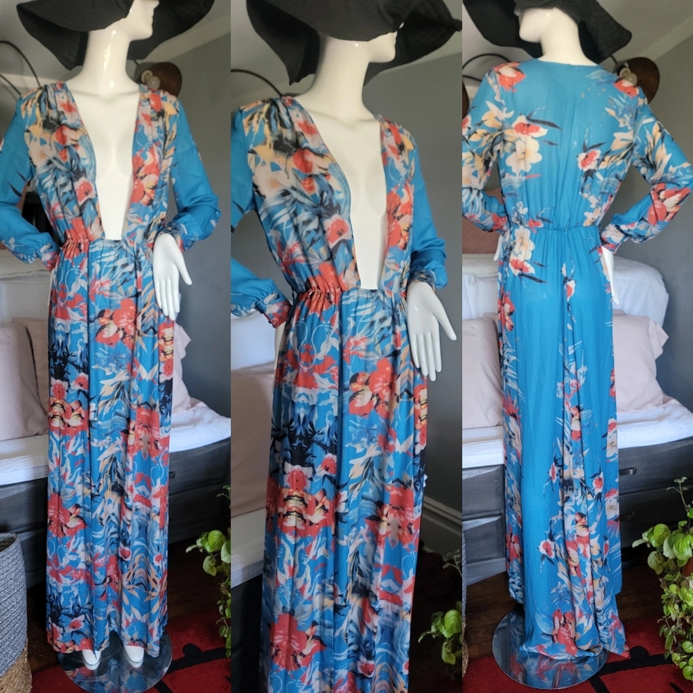 Tropical Floral Long Sleeve Maxi Dress